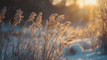 A field of tall grass covered in snow photo