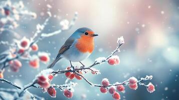 A bird is perched on a branch covered in snow and berries photo