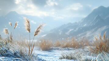 A snowy mountain range with a field of tall grass and a few snowflakes photo