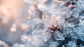 A close up of a snow covered tree with a frosted leaf photo