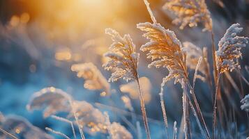 A field of grass covered in frost and snow photo