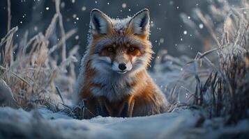 A fox is sitting in the snow with its head up photo