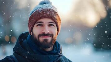 A man wearing a brown hat and a blue coat is smiling in the snow photo