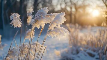 A field of snow covered plants with the sun shining on them photo