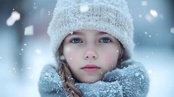 A young girl wearing a white hat and a gray coat is standing in the snow photo