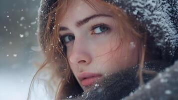 A woman with red hair and blue eyes is standing in the snow photo
