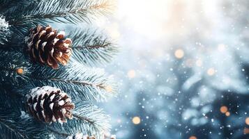 A pine tree with snow on it and two pine cones hanging from it photo