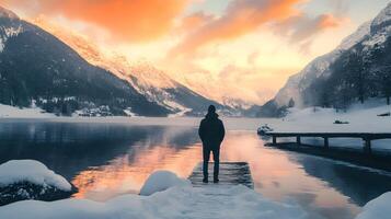 A man stands on a dock overlooking a lake photo