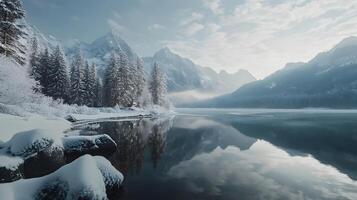 A snowy mountain range with a lake in the foreground photo
