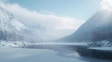 A snowy mountain range with a river running through it photo