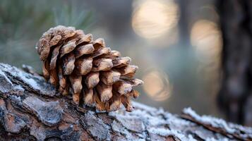 A pine cone is sitting on a branch covered in snow photo