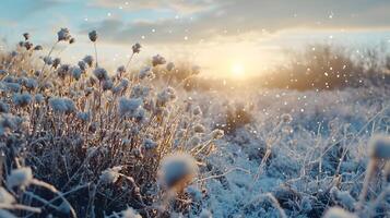 A field of snow covered grass with a bright sun in the background photo