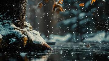 A tree with snow on it and a rock next to it photo