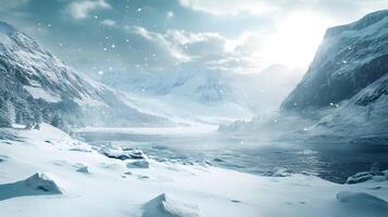 A snowy mountain range with a river running through it photo