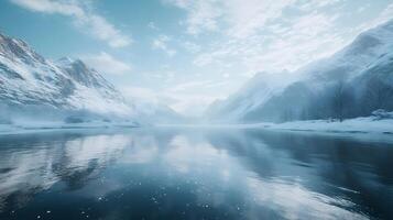 A serene and peaceful scene of a frozen lake with mountains in the background photo