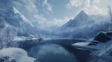 A snowy mountain range with a lake in the foreground photo