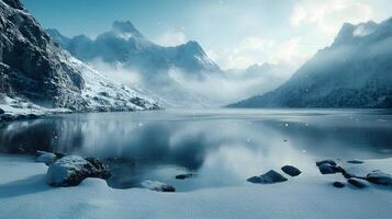 A snowy mountain range with a lake in the foreground photo