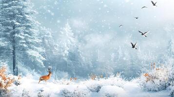 A deer is standing in the snow in front of a forest photo