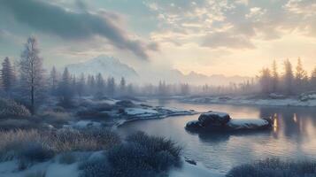 A snowy landscape with a river and a large rock in the middle photo