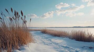 A snowy path leads to a body of water with a few birds flying in the sky photo