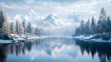 A snowy mountain range with a river running through it photo