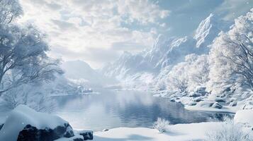 A snowy mountain range with a body of water in the foreground photo