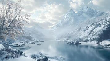 A snowy mountain range with a river running through it photo
