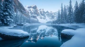 A beautiful snowy landscape with a lake and mountains in the background photo