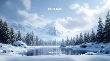 A snowy landscape with a body of water and a mountain in the background photo