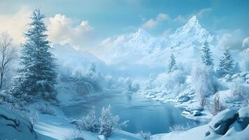 A snowy mountain range with a river running through it photo