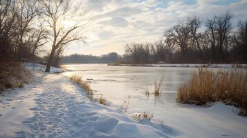A snowy landscape with a frozen lake and a tree in the background photo