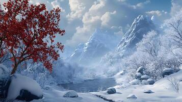 A snowy landscape with a red tree in the foreground photo