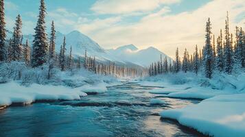 A river with snow on the trees and mountains in the background photo