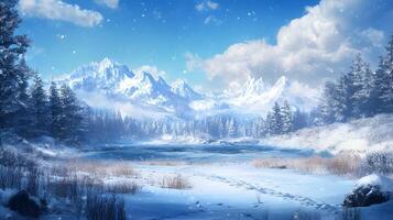 A snowy landscape with a lake and mountains in the background photo