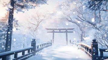 A snowy path with a bridge and trees in the background photo