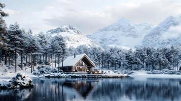 A house is surrounded by trees and a lake photo