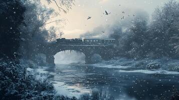 A train is crossing a bridge over a river in the snow photo