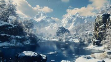 A snowy mountain range with a river running through it photo