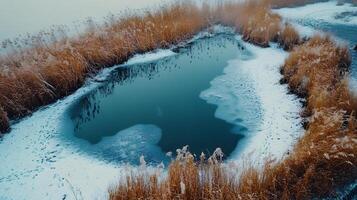 A pond with ice on it and some snow photo