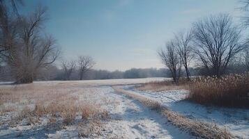 A snowy field with trees in the background photo