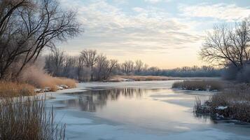 A frozen lake with trees in the background photo