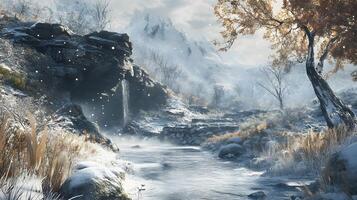 A snowy mountain landscape with a river running through it photo