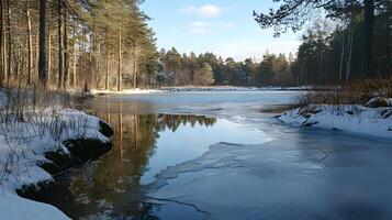 A frozen lake with trees in the background photo