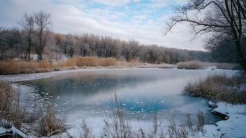 A frozen lake with a few trees in the background photo