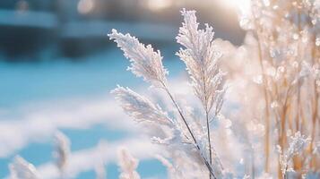 A field of grass covered in frost and snow photo