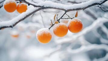 A branch with three oranges covered in snow photo