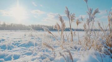 A field of snow covered grass with a bright sun shining on it photo
