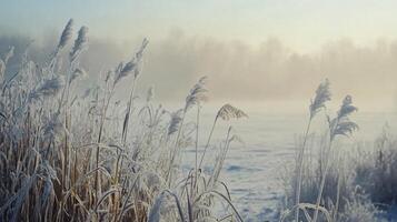 A field of tall, frosted grass with a foggy sky in the background photo