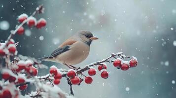 A bird is perched on a branch covered in snow and red berries photo