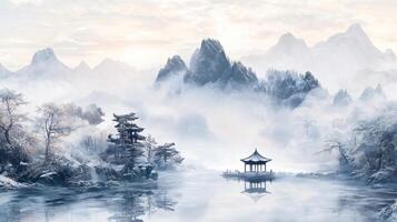A serene landscape with a small wooden hut in the middle of a lake photo